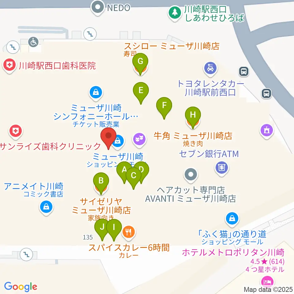 ミューザ川崎シンフォニーホール周辺のファミレス・ファーストフード一覧地図