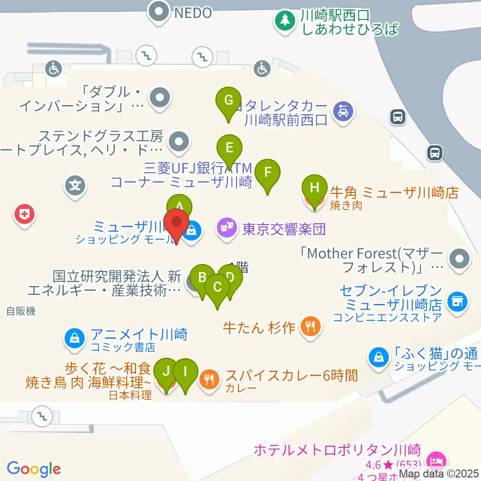 ミューザ川崎シンフォニーホール周辺のファミレス・ファーストフード一覧地図