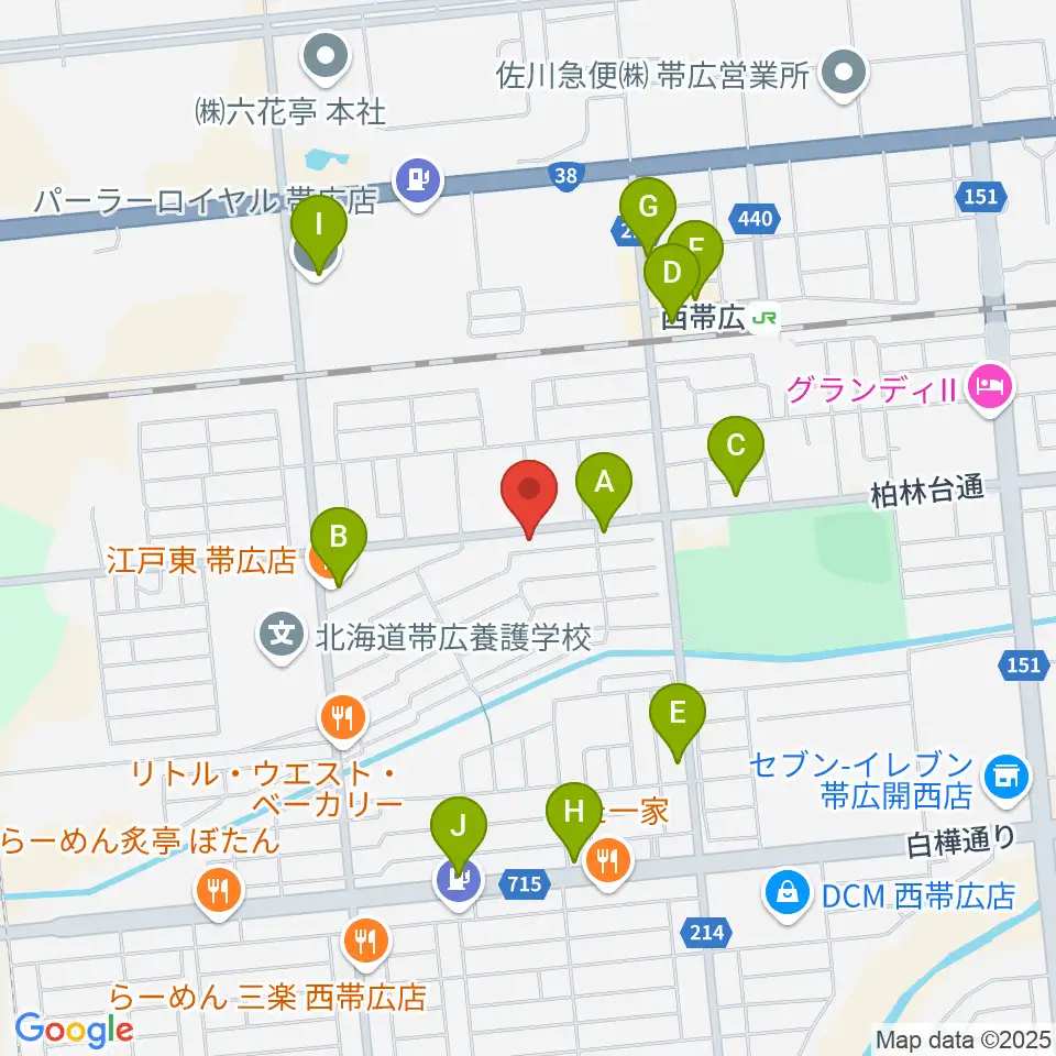 平井音楽事務所 十勝帯広の音楽教室周辺のファミレス・ファーストフード一覧地図