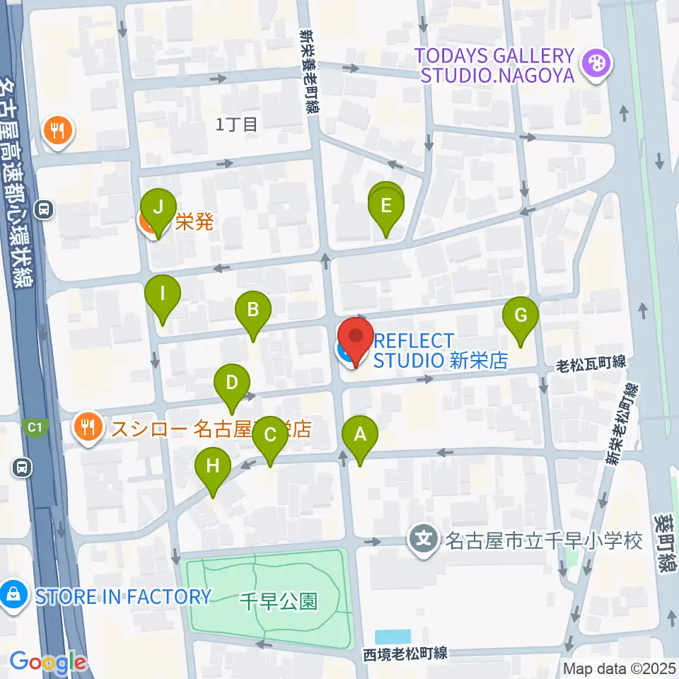 リフレクトスタジオ新栄店周辺のファミレス・ファーストフード一覧地図