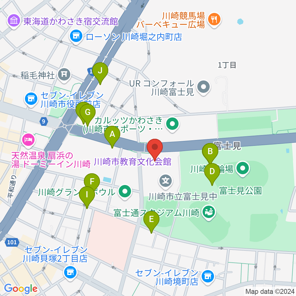 川崎市教育文化会館周辺のファミレス・ファーストフード一覧地図