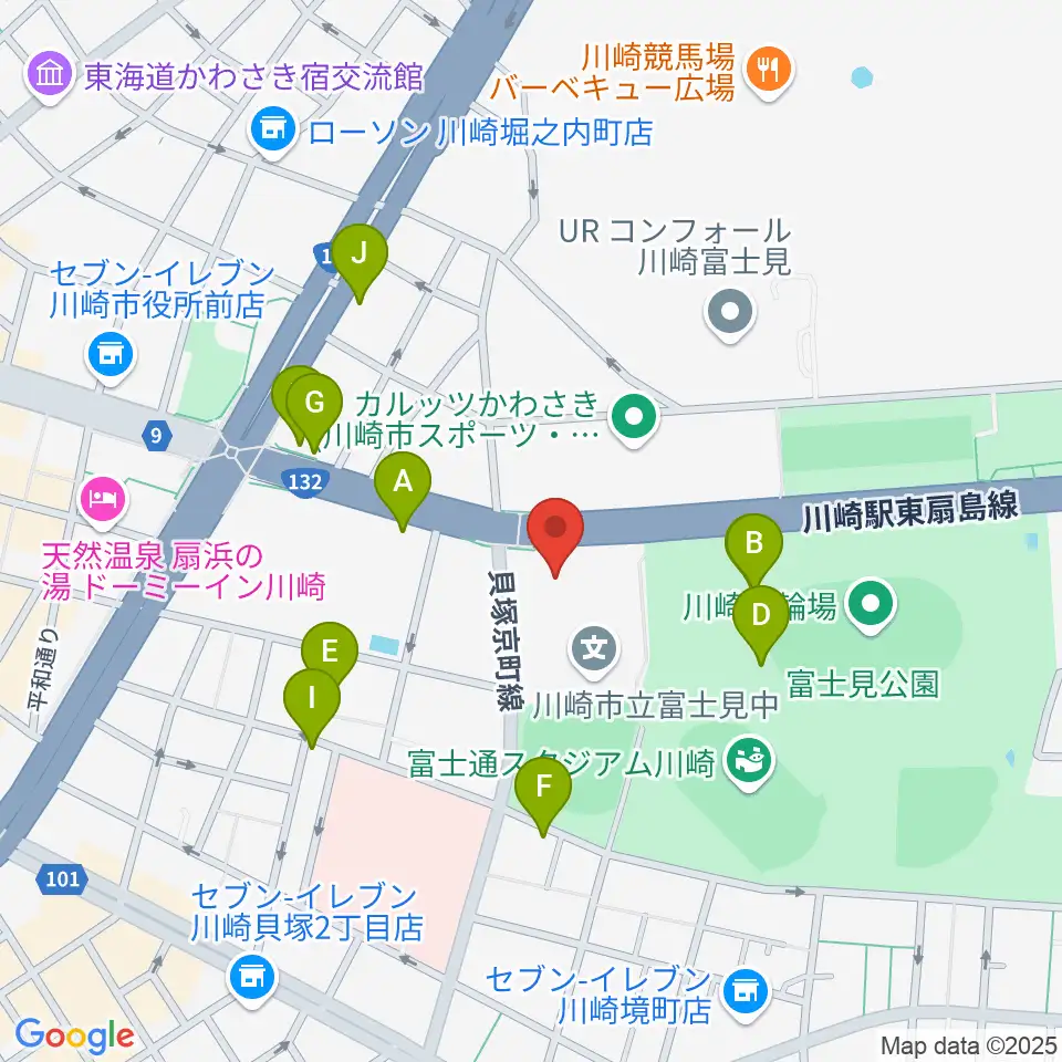 川崎市教育文化会館周辺のファミレス・ファーストフード一覧地図