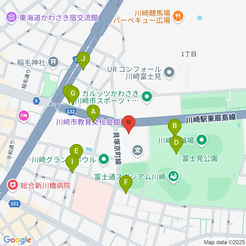 川崎市教育文化会館周辺のファミレス・ファーストフード一覧地図