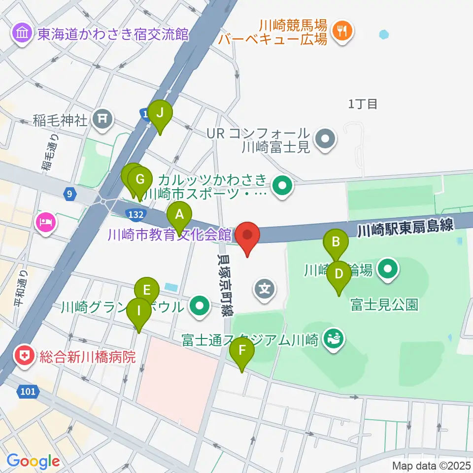 川崎市教育文化会館周辺のファミレス・ファーストフード一覧地図