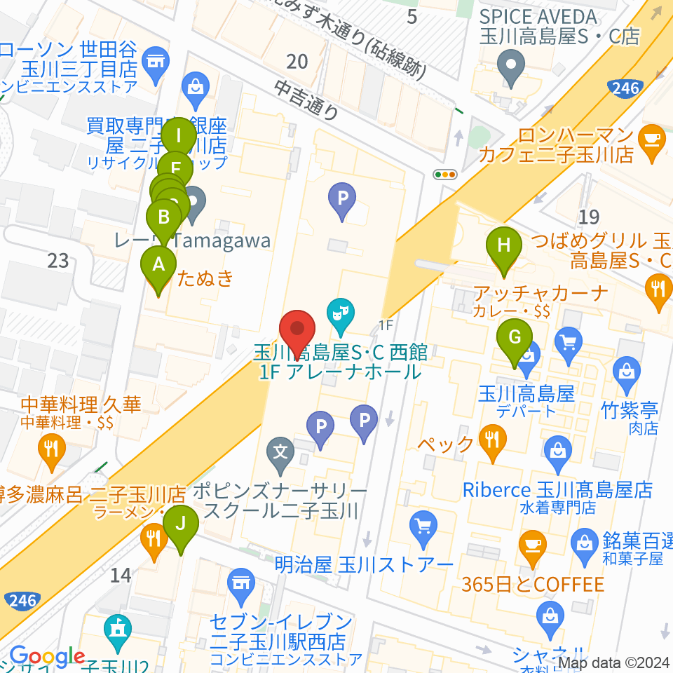 二子玉川アレーナホール周辺のファミレス・ファーストフード一覧地図