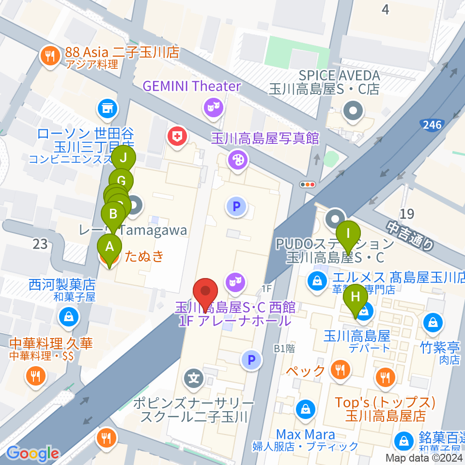 二子玉川アレーナホール周辺のファミレス・ファーストフード一覧地図