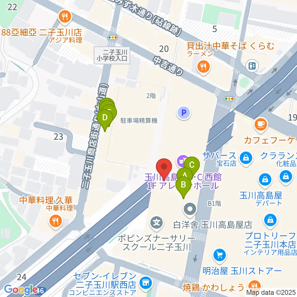 二子玉川アレーナホール周辺のファミレス・ファーストフード一覧地図