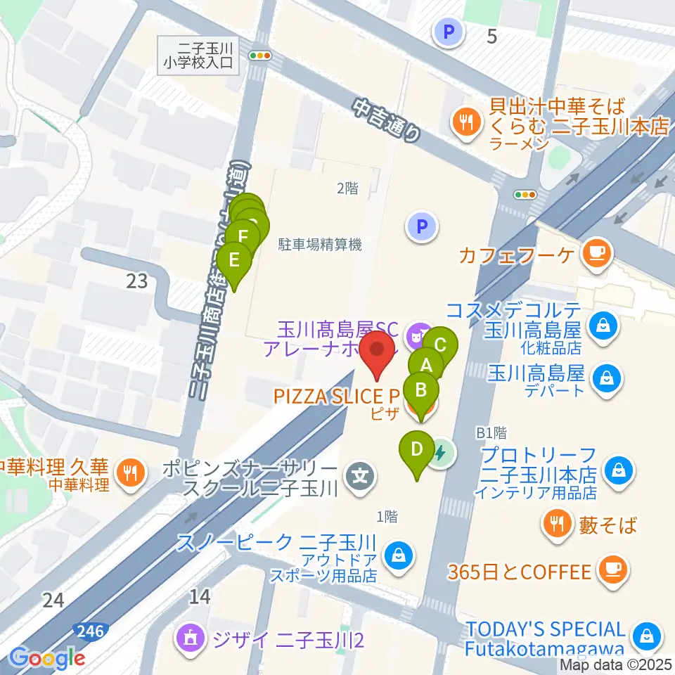 二子玉川アレーナホール周辺のファミレス・ファーストフード一覧地図
