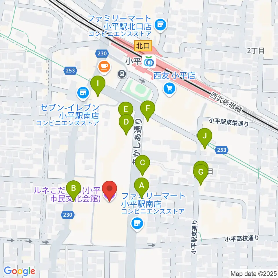 ルネこだいら周辺のファミレス・ファーストフード一覧地図