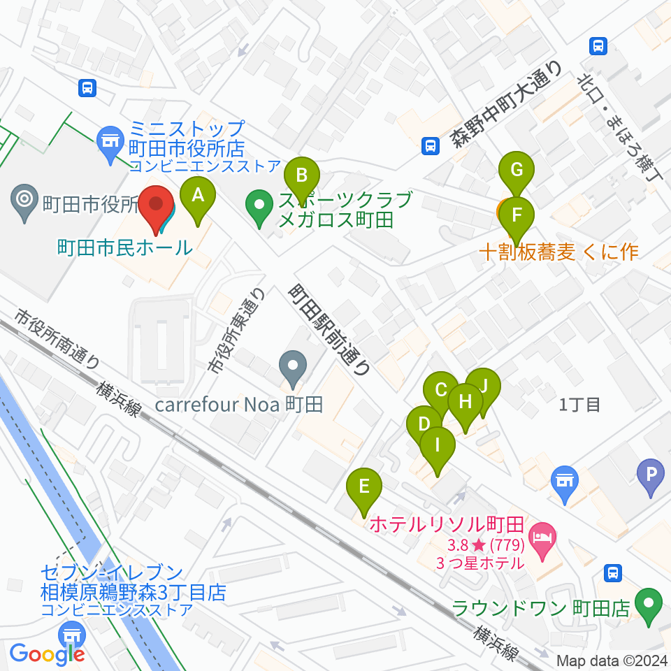 町田市民ホール周辺のファミレス・ファーストフード一覧地図