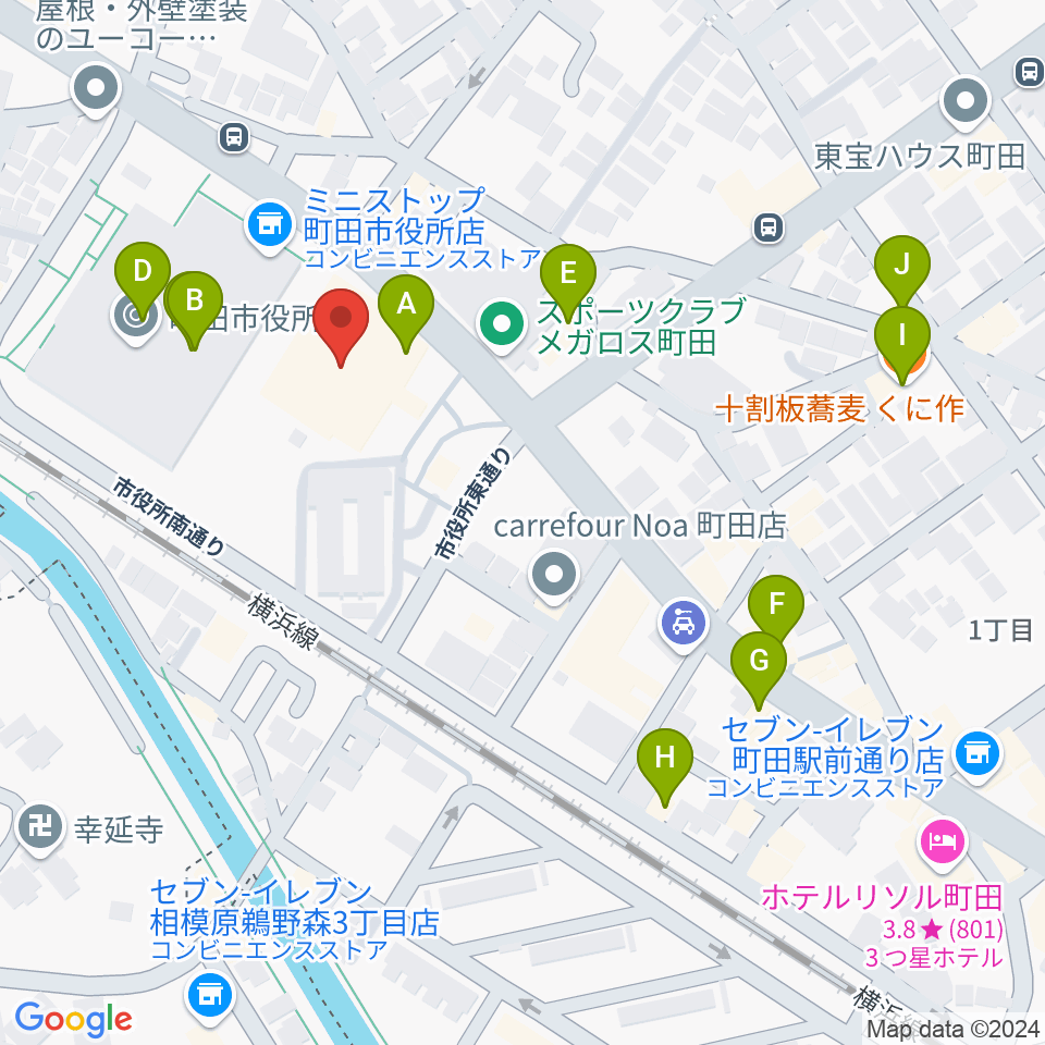 町田市民ホール周辺のファミレス・ファーストフード一覧地図