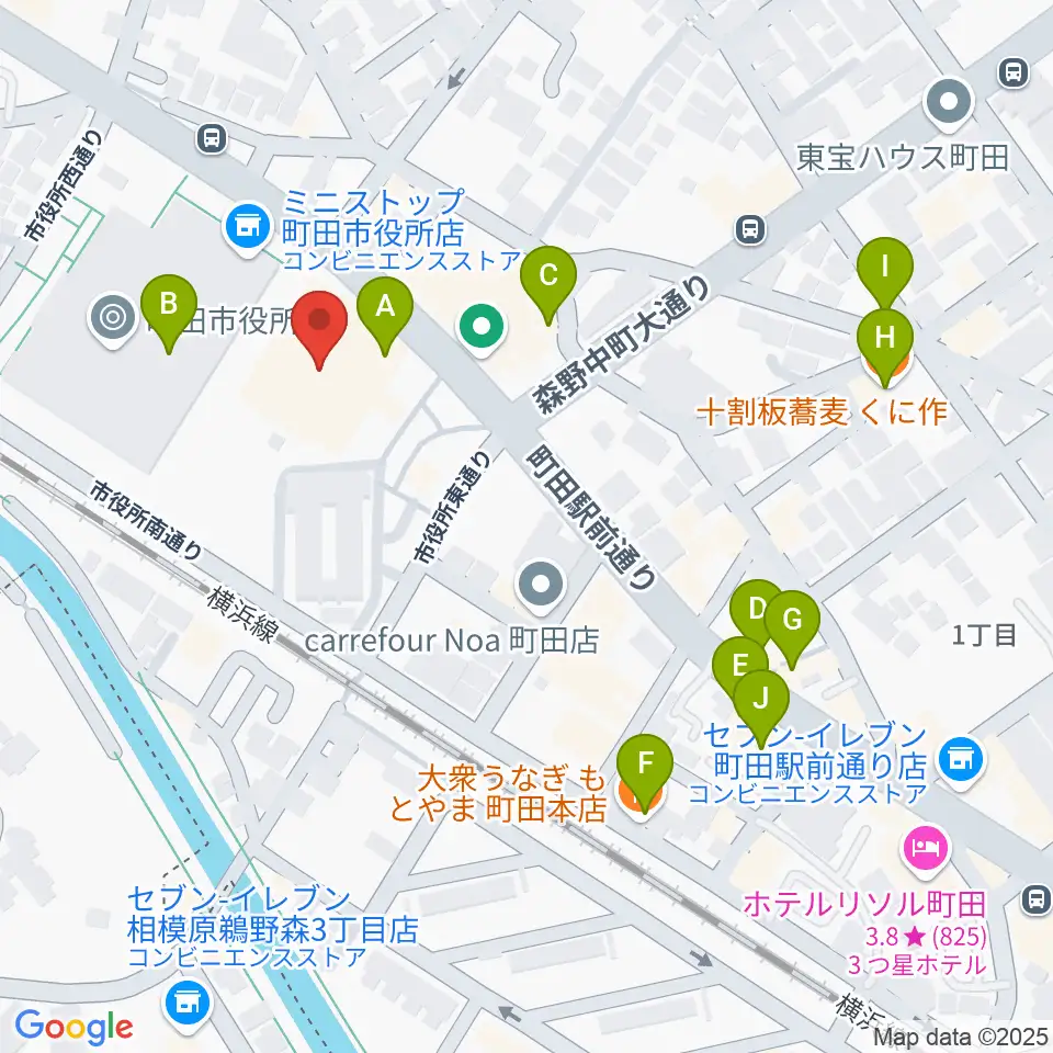町田市民ホール周辺のファミレス・ファーストフード一覧地図