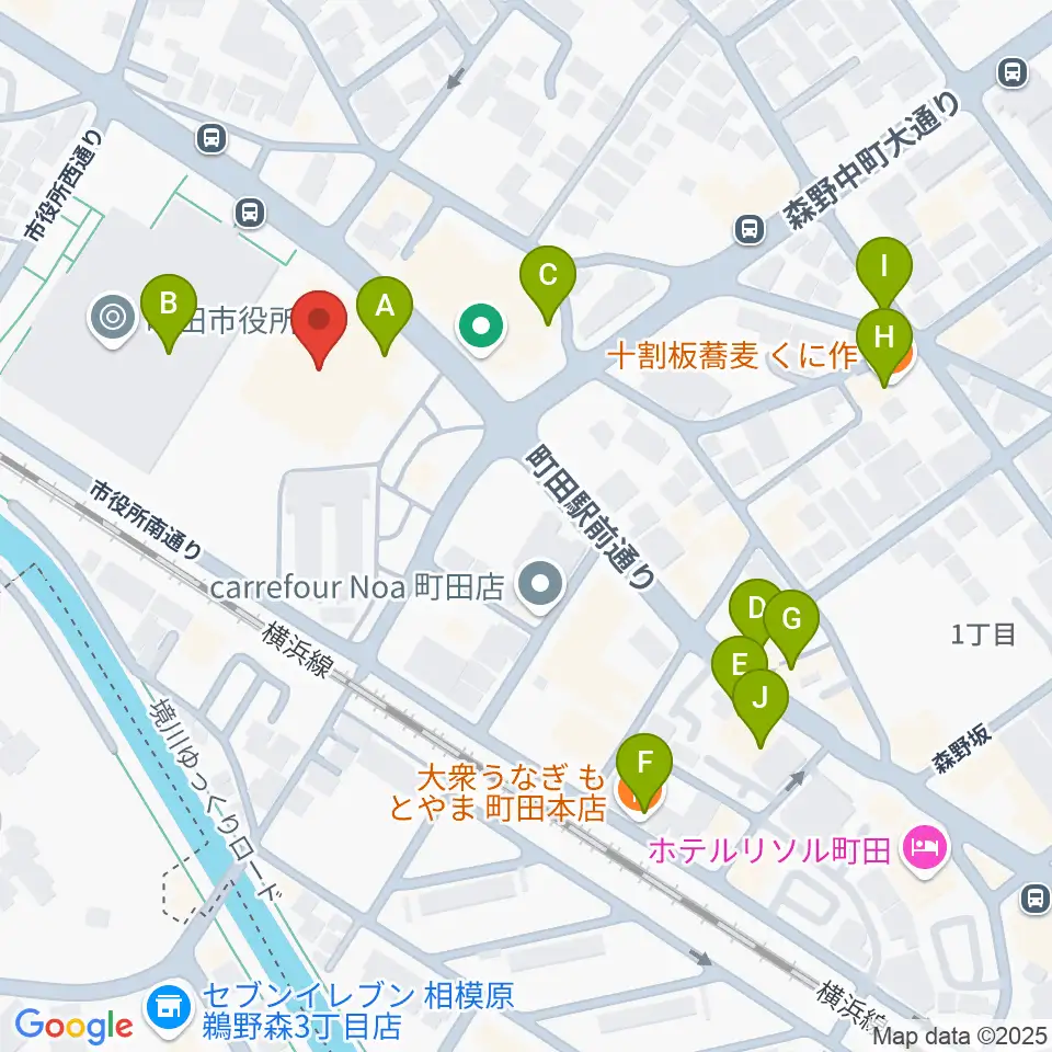 町田市民ホール周辺のファミレス・ファーストフード一覧地図