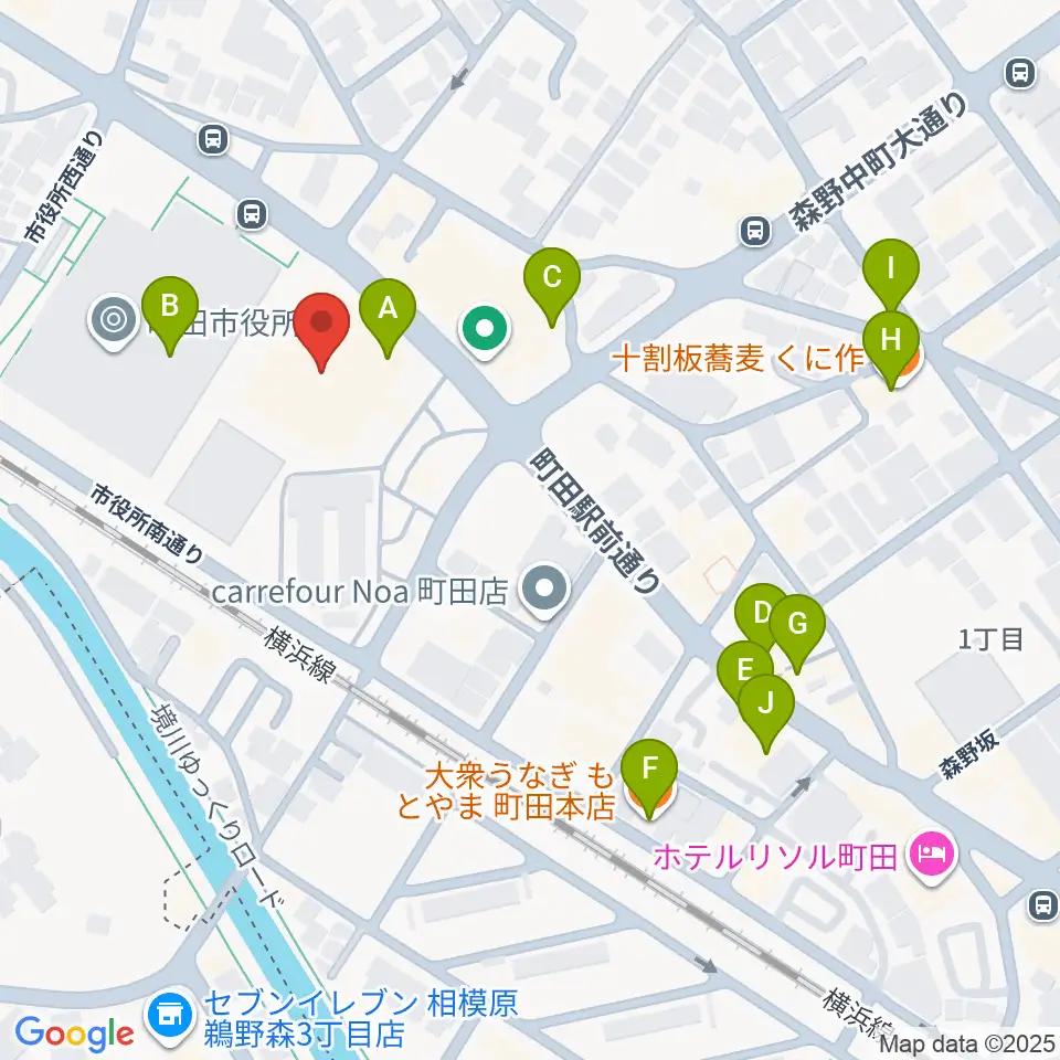 町田市民ホール周辺のファミレス・ファーストフード一覧地図
