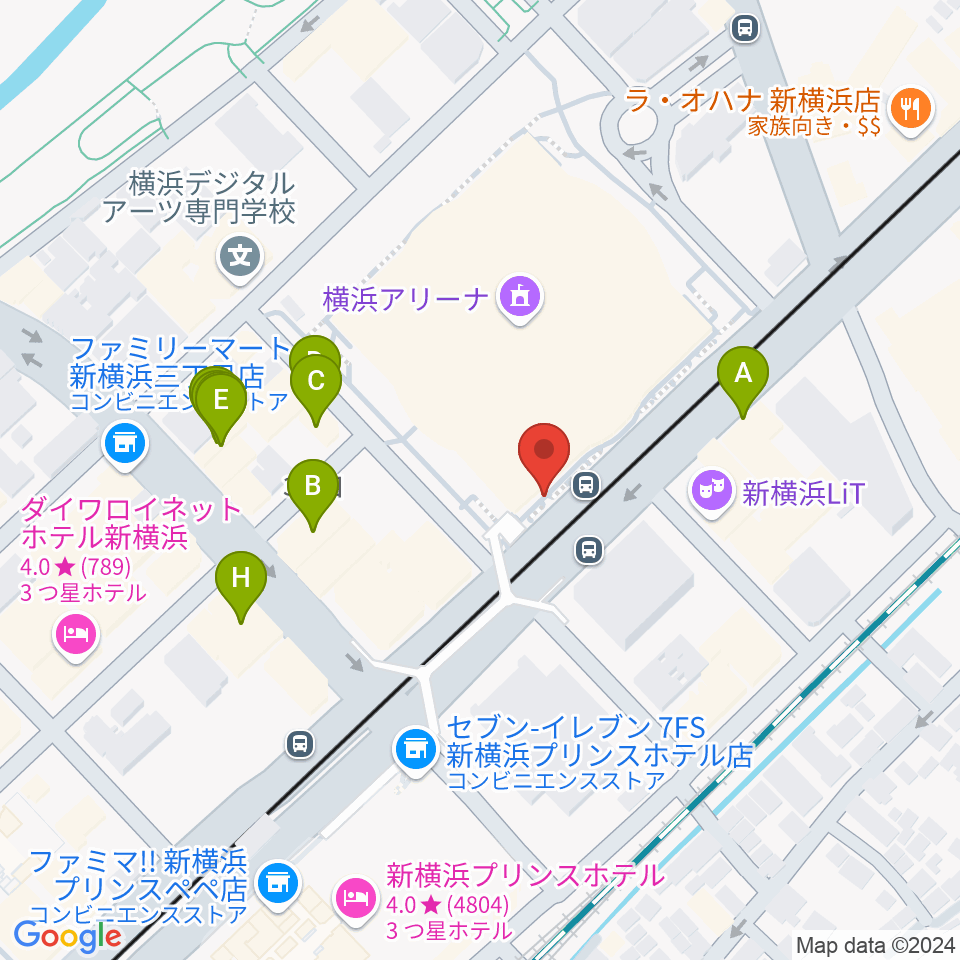 新横浜NEW SIDE BEACH周辺のファミレス・ファーストフード一覧地図