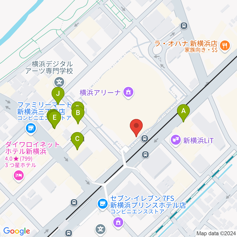 新横浜NEW SIDE BEACH周辺のファミレス・ファーストフード一覧地図