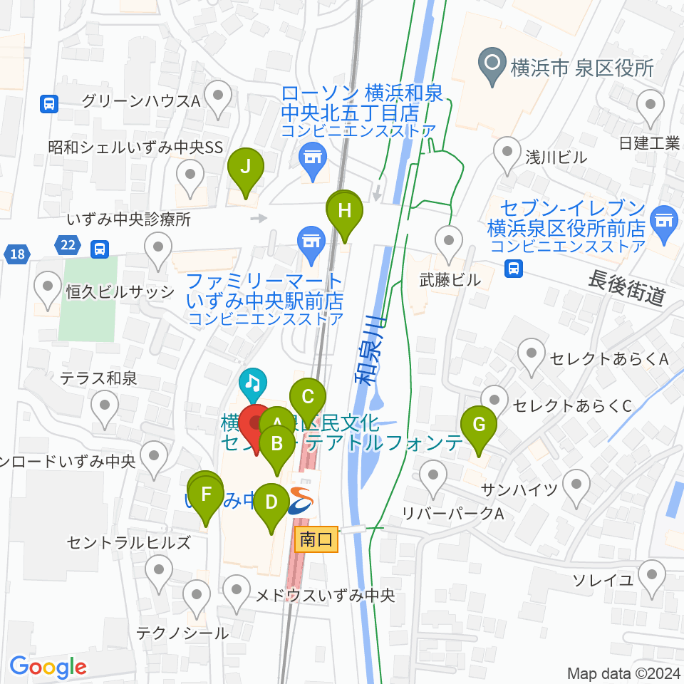 横浜市泉区民文化センター テアトルフォンテ周辺のファミレス・ファーストフード一覧地図