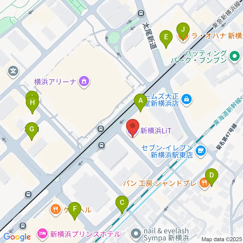 新横浜LiT周辺のファミレス・ファーストフード一覧地図
