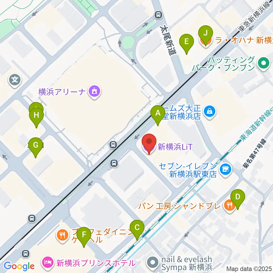 新横浜LiT周辺のファミレス・ファーストフード一覧地図