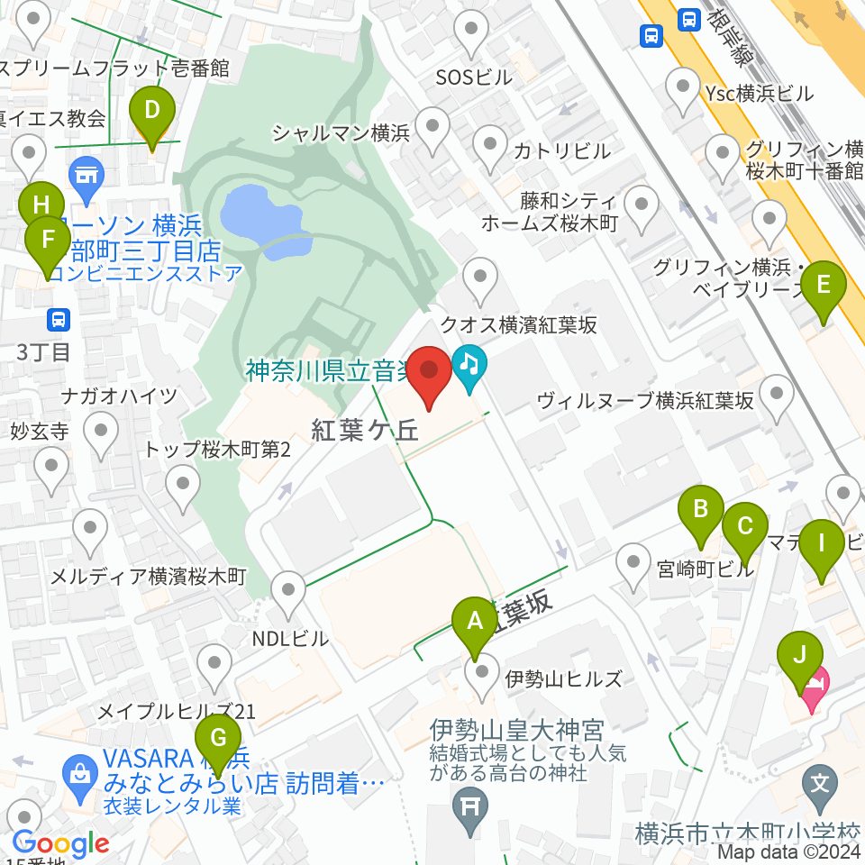 神奈川県立音楽堂周辺のファミレス・ファーストフード一覧地図