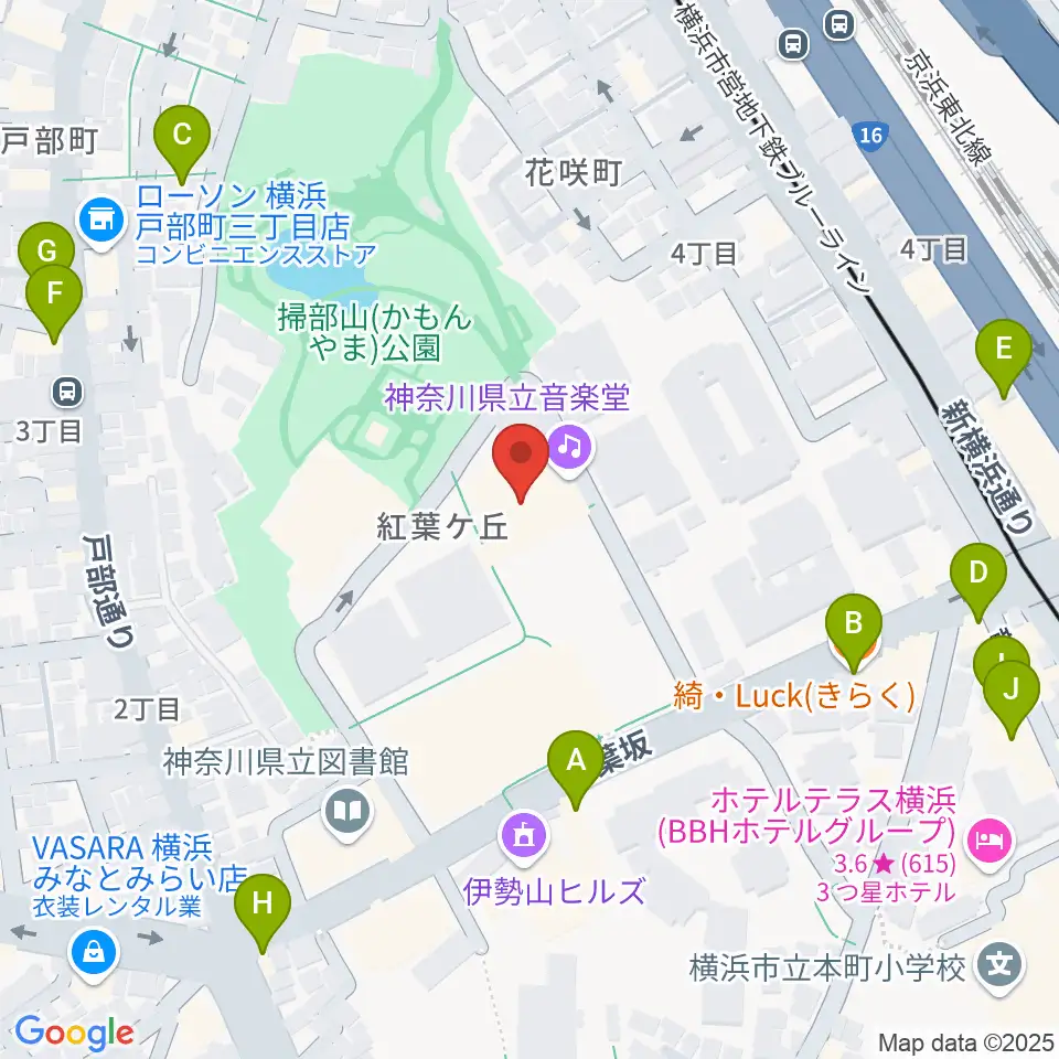 神奈川県立音楽堂周辺のファミレス・ファーストフード一覧地図