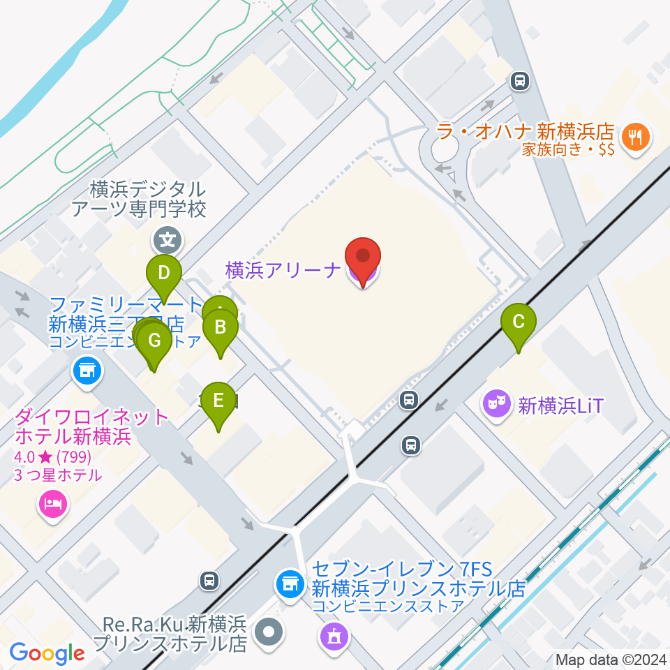 横浜アリーナ周辺のファミレス・ファーストフード一覧地図