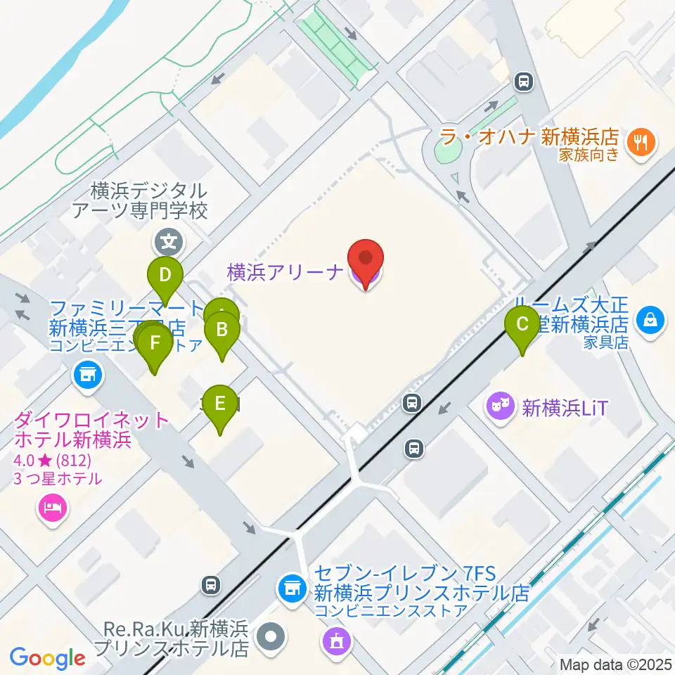 横浜アリーナ周辺のファミレス・ファーストフード一覧地図