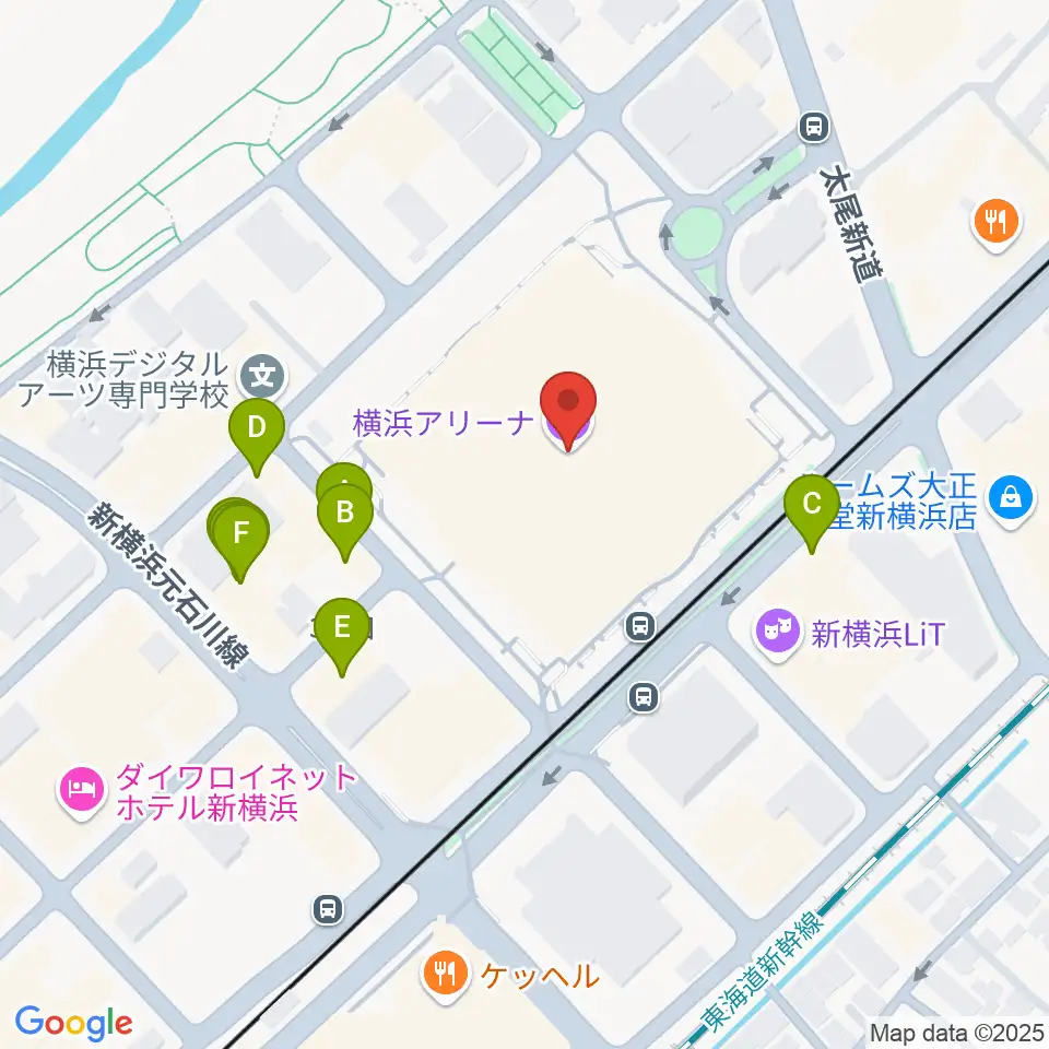 横浜アリーナ周辺のファミレス・ファーストフード一覧地図