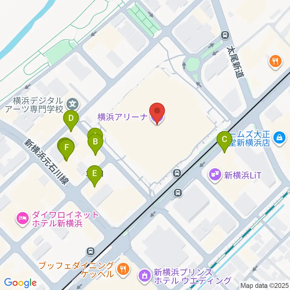 横浜アリーナ周辺のファミレス・ファーストフード一覧地図