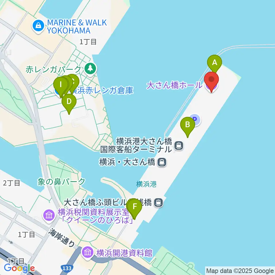 大さん橋ホール周辺のファミレス・ファーストフード一覧地図