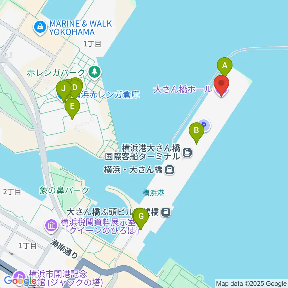 大さん橋ホール周辺のファミレス・ファーストフード一覧地図
