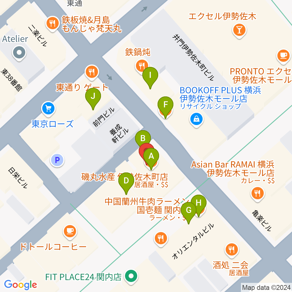 伊勢佐木町ジョンジョン周辺のファミレス・ファーストフード一覧地図