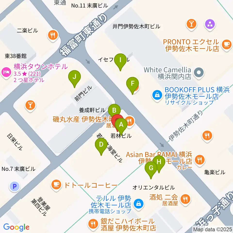 伊勢佐木町ジョンジョン周辺のファミレス・ファーストフード一覧地図