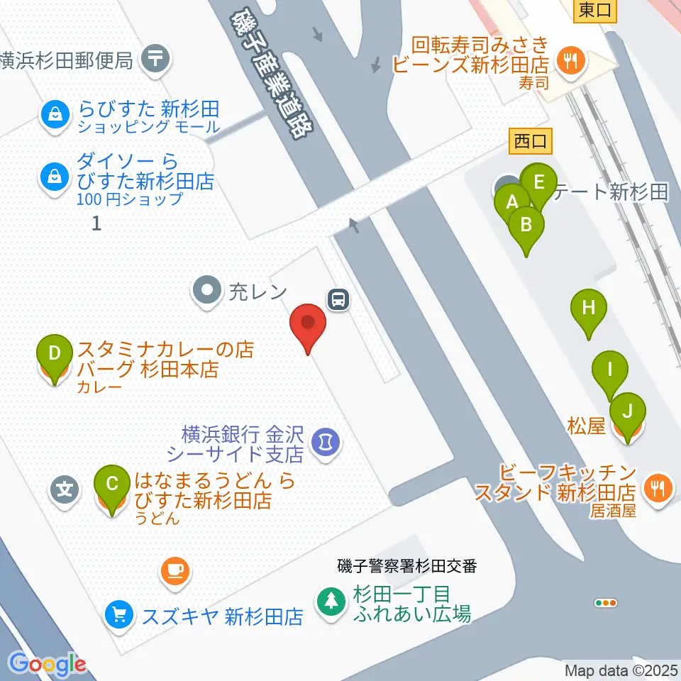 磯子区民文化センター杉田劇場周辺のファミレス・ファーストフード一覧地図