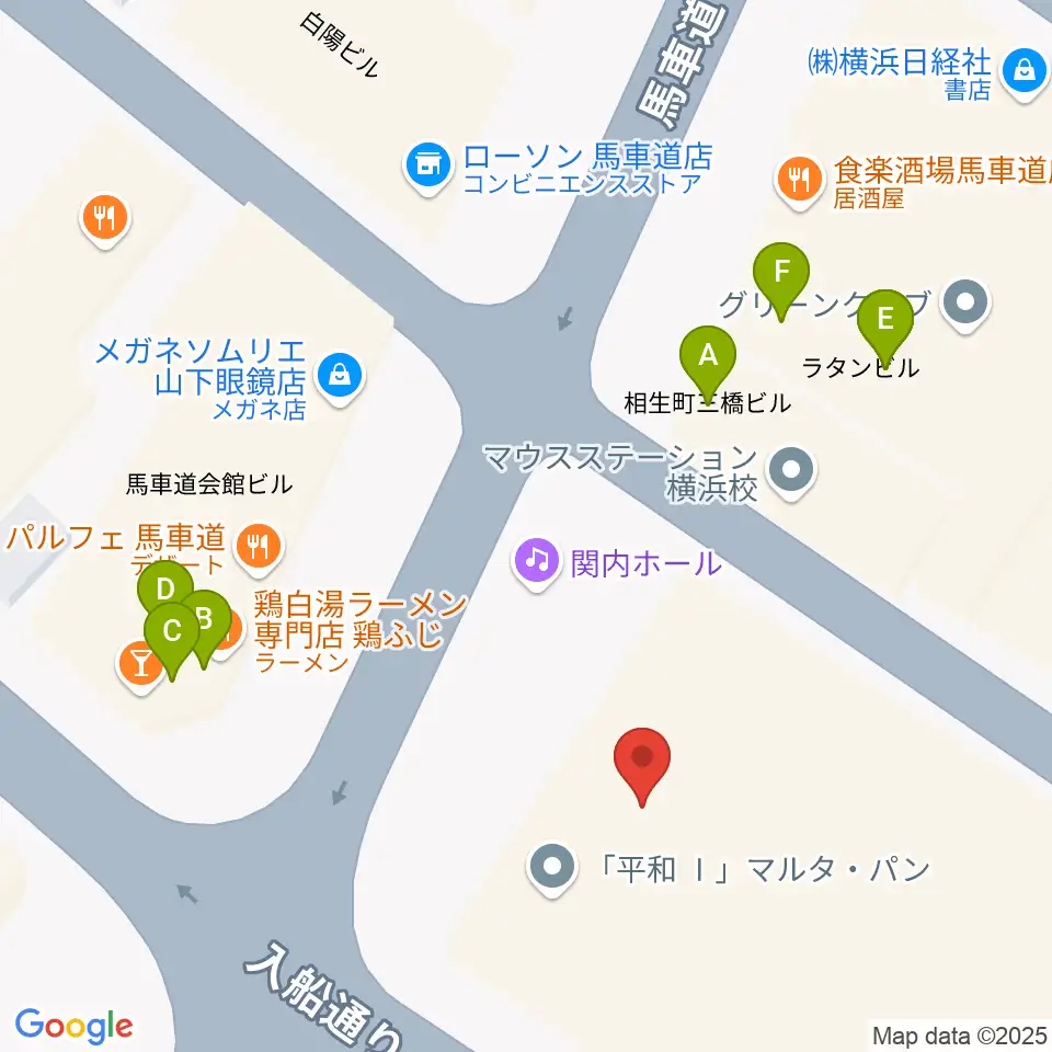 横浜関内ホール周辺のファミレス・ファーストフード一覧地図