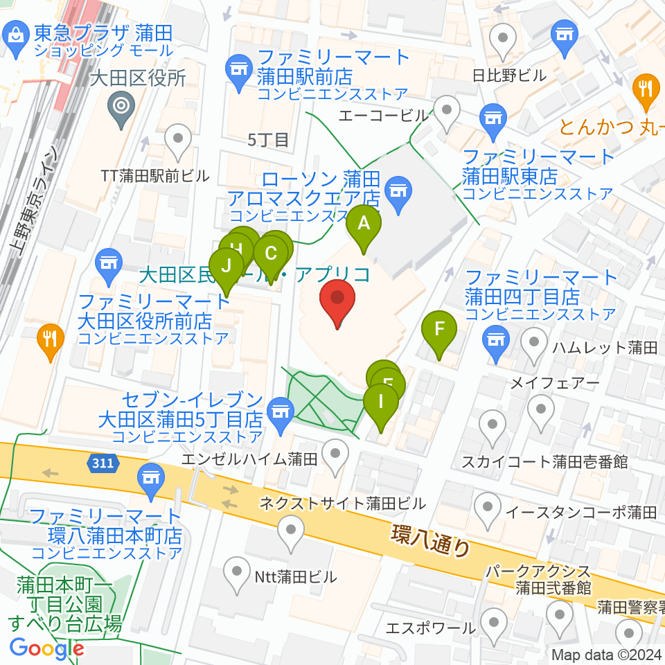 大田区民ホール・アプリコ周辺のファミレス・ファーストフード一覧地図