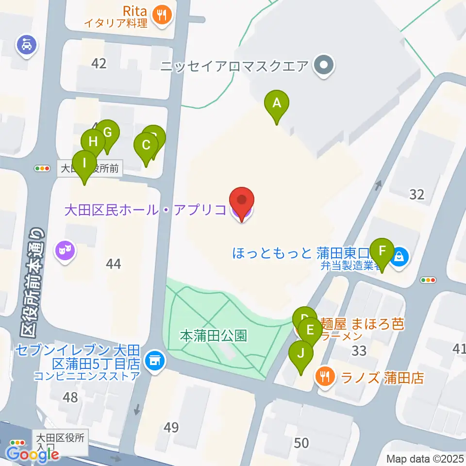 大田区民ホール・アプリコ周辺のファミレス・ファーストフード一覧地図