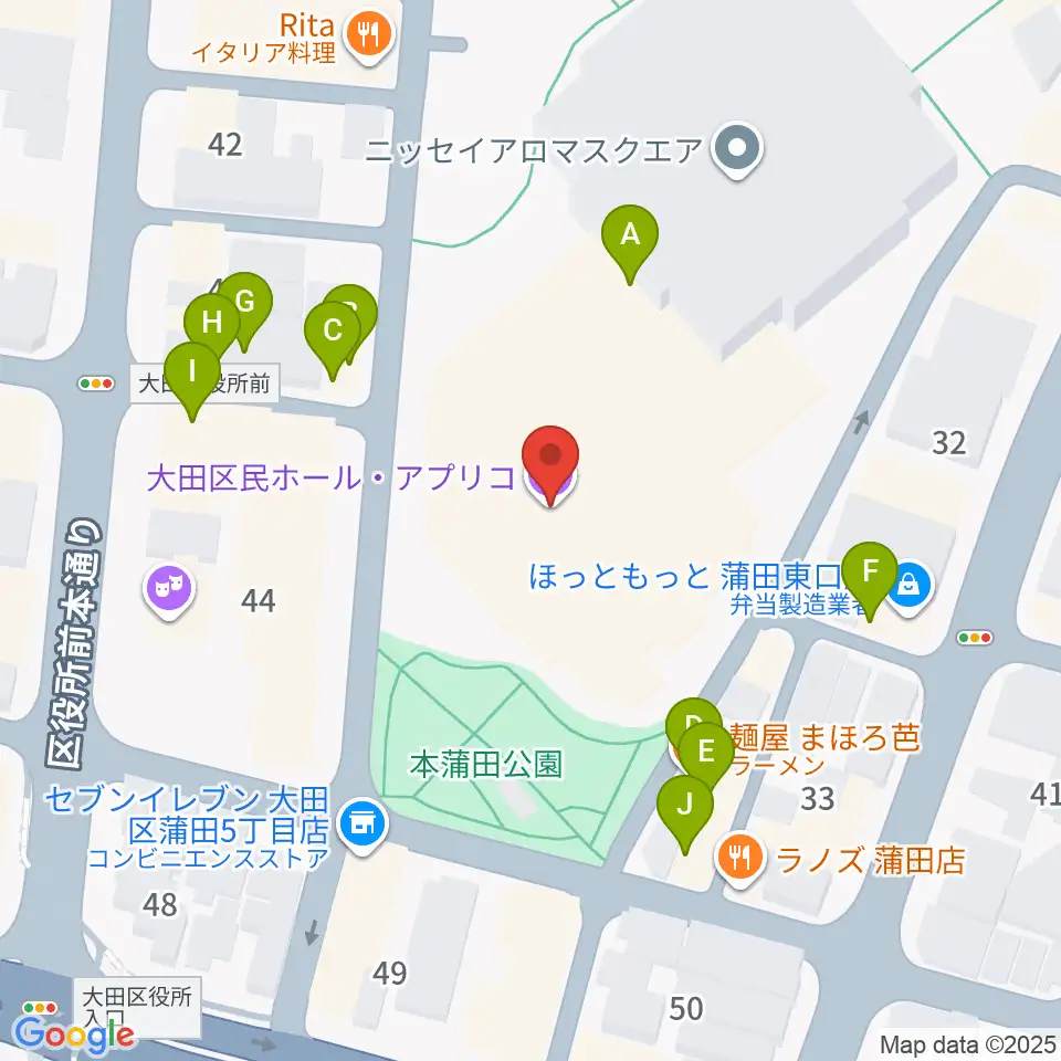 大田区民ホール・アプリコ周辺のファミレス・ファーストフード一覧地図