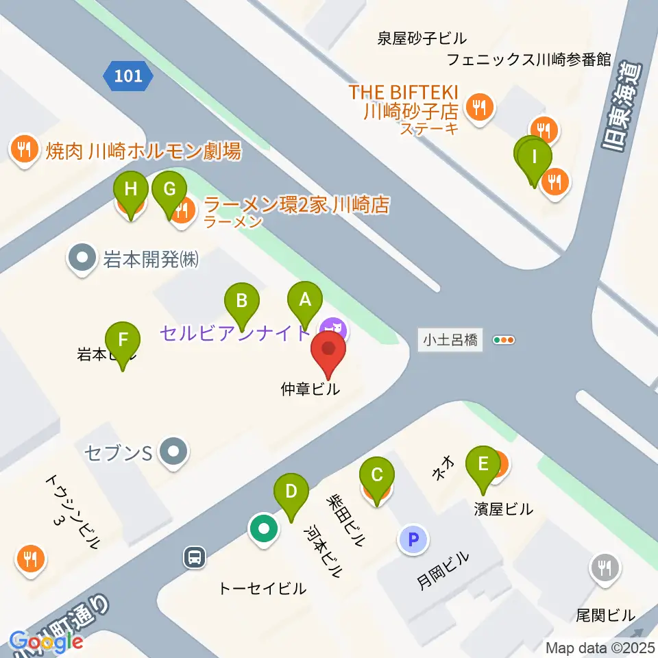 川崎セルビアンナイト周辺のファミレス・ファーストフード一覧地図