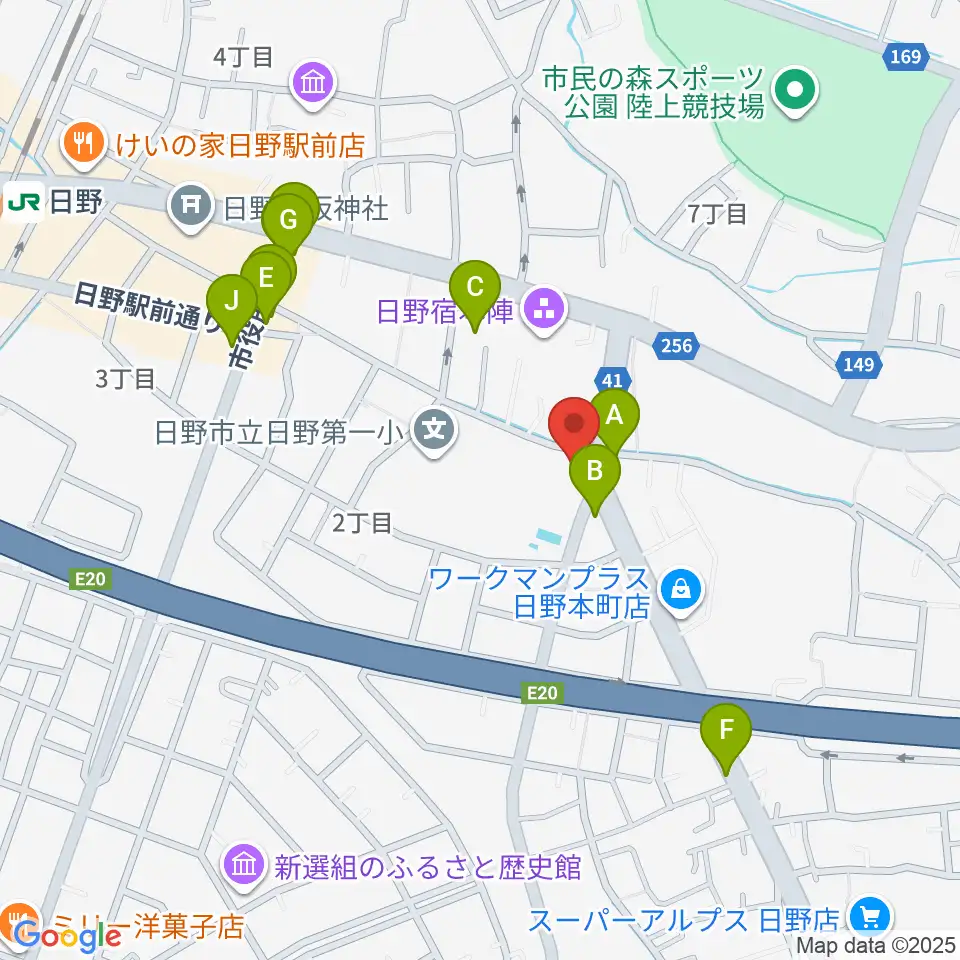 日野音楽教室周辺のファミレス・ファーストフード一覧地図