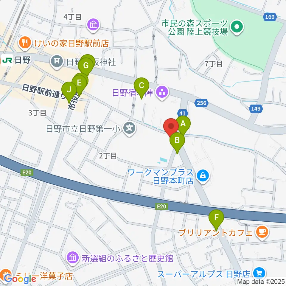 日野音楽教室周辺のファミレス・ファーストフード一覧地図