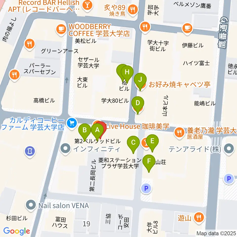 珈琲美学周辺のファミレス・ファーストフード一覧地図