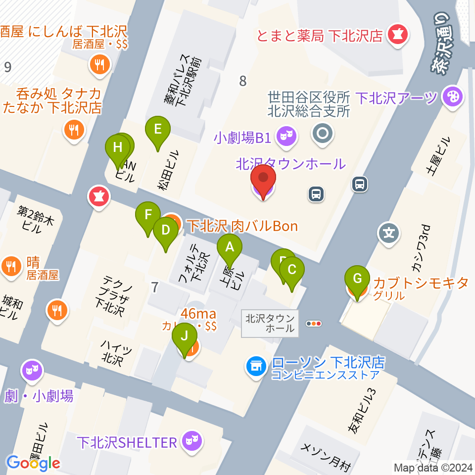 北沢タウンホール周辺のファミレス・ファーストフード一覧地図