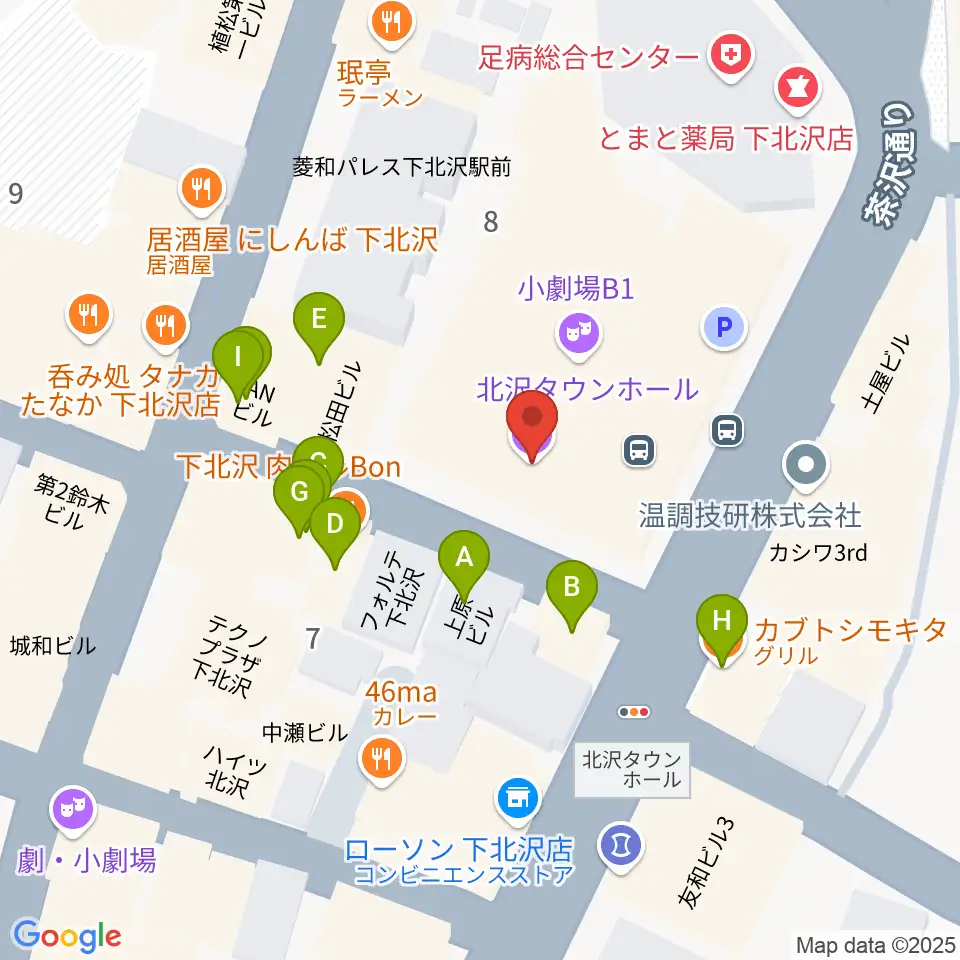 北沢タウンホール周辺のファミレス・ファーストフード一覧地図