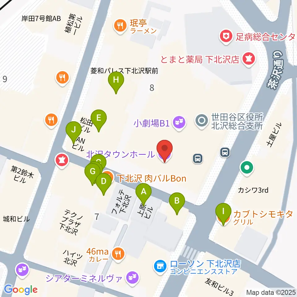 北沢タウンホール周辺のファミレス・ファーストフード一覧地図