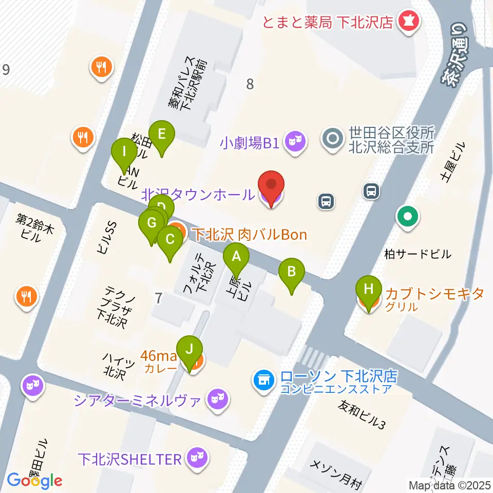 北沢タウンホール周辺のファミレス・ファーストフード一覧地図