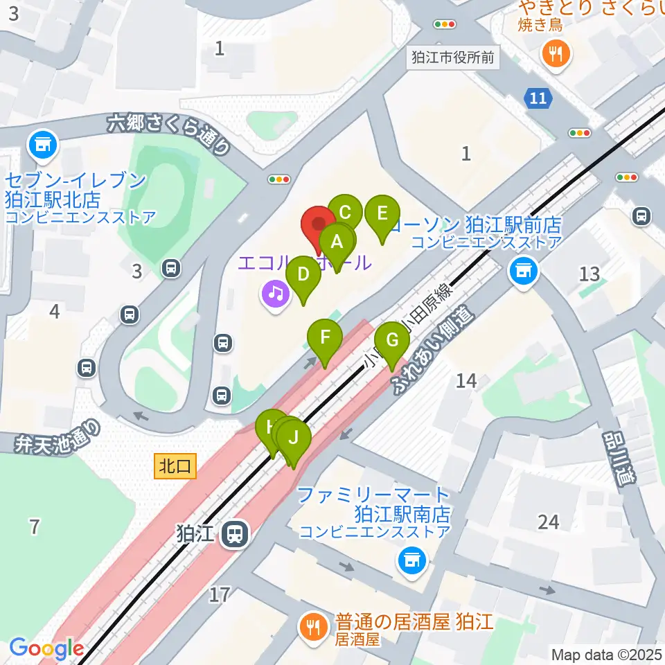 狛江エコルマホール周辺のファミレス・ファーストフード一覧地図