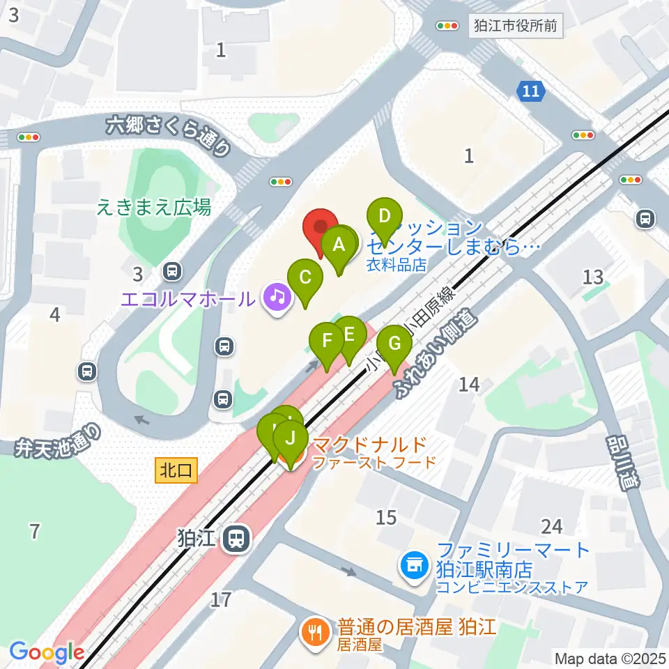 狛江エコルマホール周辺のファミレス・ファーストフード一覧地図