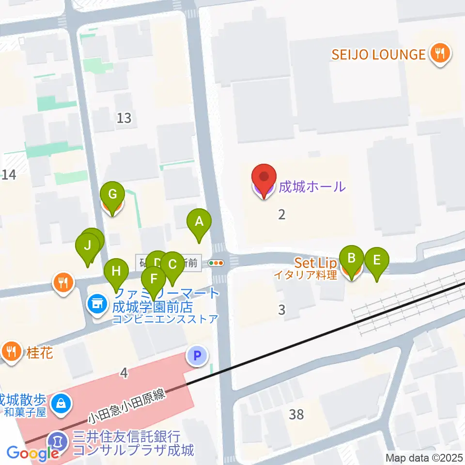 成城ホール周辺のファミレス・ファーストフード一覧地図