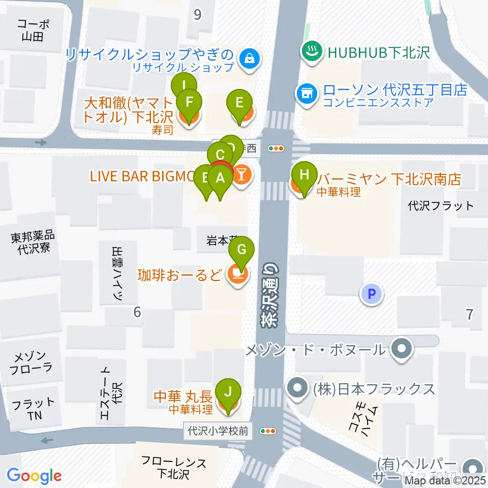 下北沢ビッグマウス周辺のファミレス・ファーストフード一覧地図